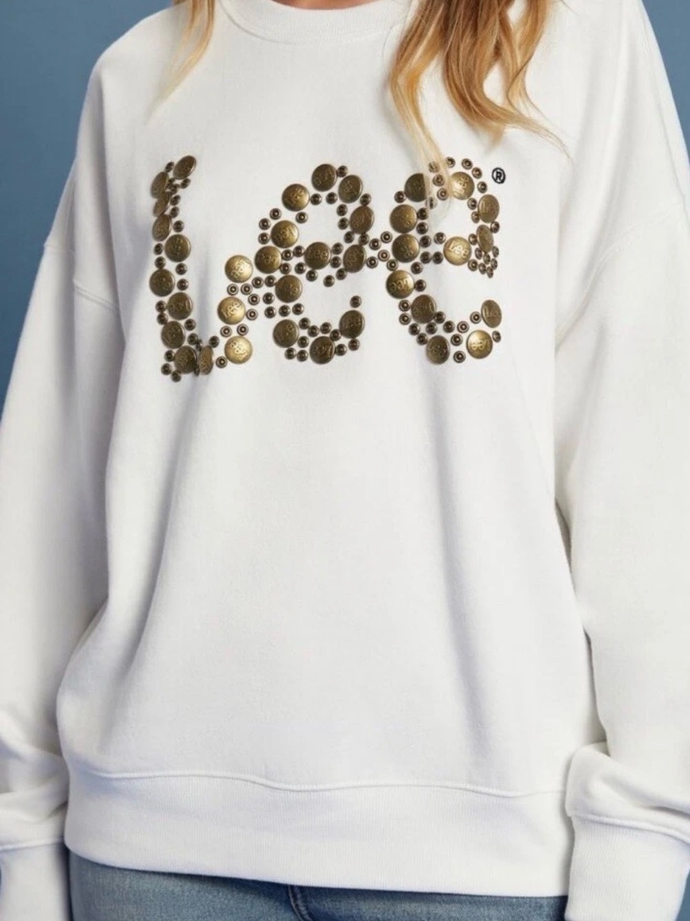 Lee White Crewneck Sweatshirt with Gold Stud Logo
